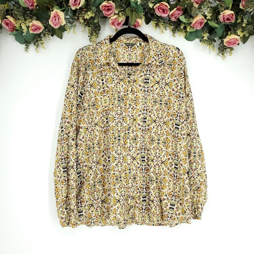 Eddie Bauer Floral Pleated Front Button-Up Long Sleeve Blouse Large